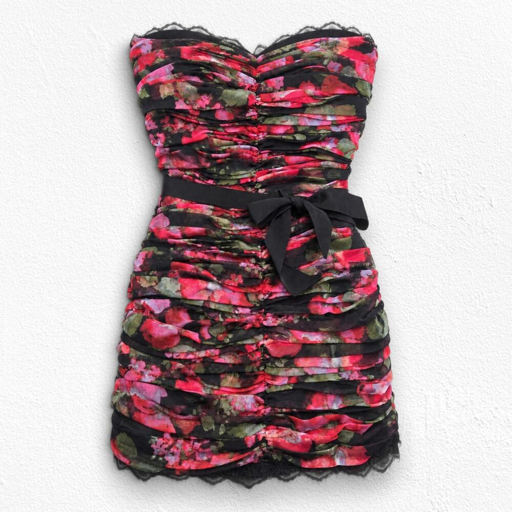 Whimsygoth Black Red Floral Ruched Mini Dress Size 10 NWT Pearl Georgina Chapman